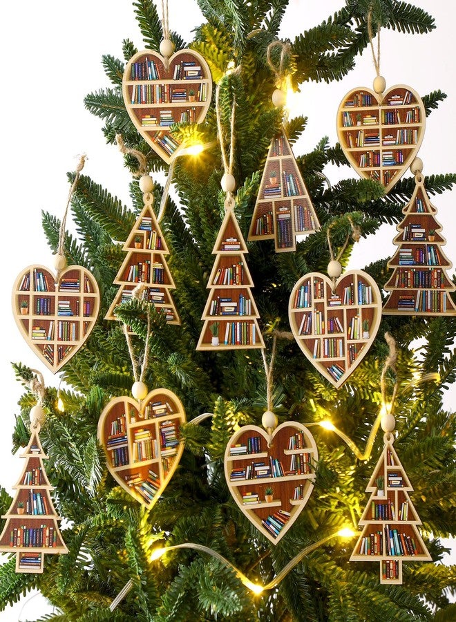 Colingmill 12 Pcs Christmas Tree Ornament Book Lovers Gifts Christmas Decoration Wooden Crafts 3D Design Hanging Decor for Xmas Decoration (Heart Shaped) - Image 1